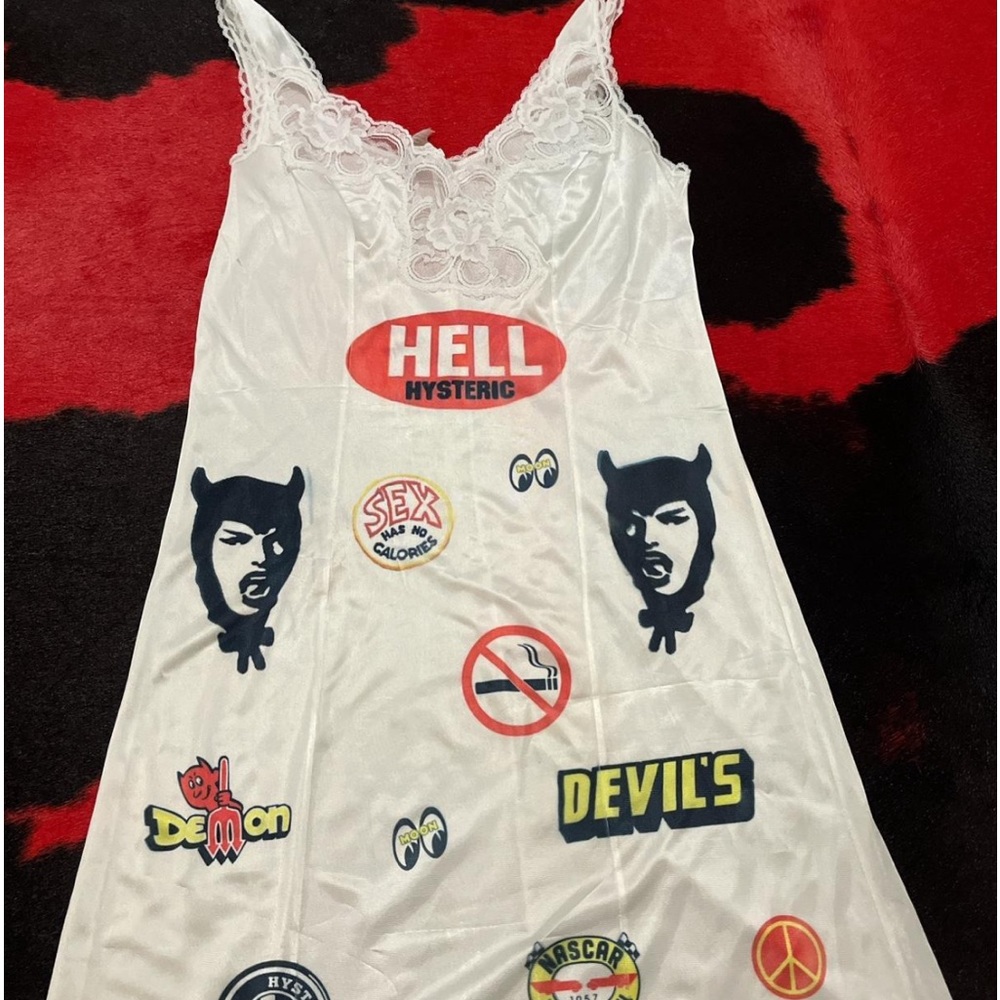 Hand printed devil demon logo hysteric glamour inspired vintage lingerie dress